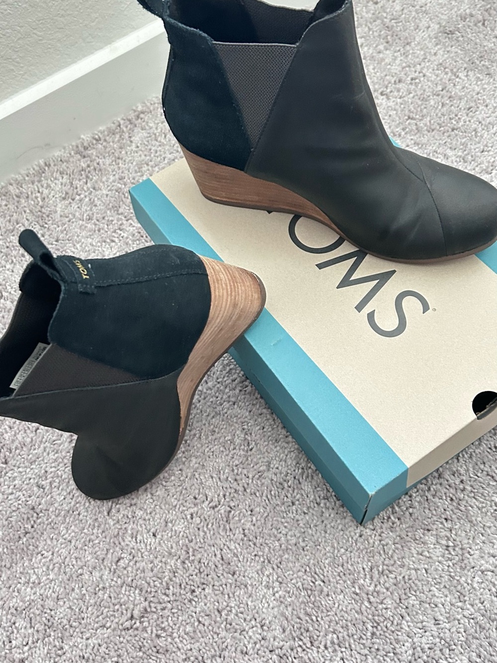 TOMS Black Leather & Suede Ankle Booties with Wood-Look Heel
